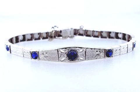 Certified Antique Vintage 18K White Gold 1.30CT Blue Sapphires Art Deco Bracelet