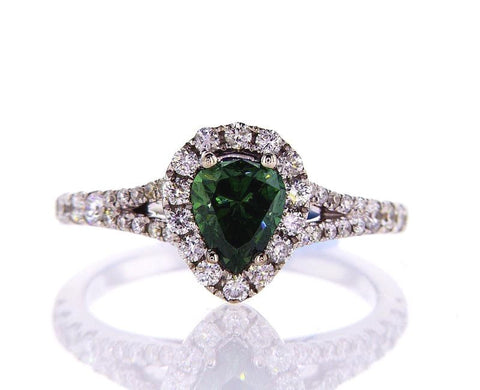 GIA Natural Fancy Vivid Green Pear Cut Diamond Engagement Ring 1.36 CTW SI2 14k