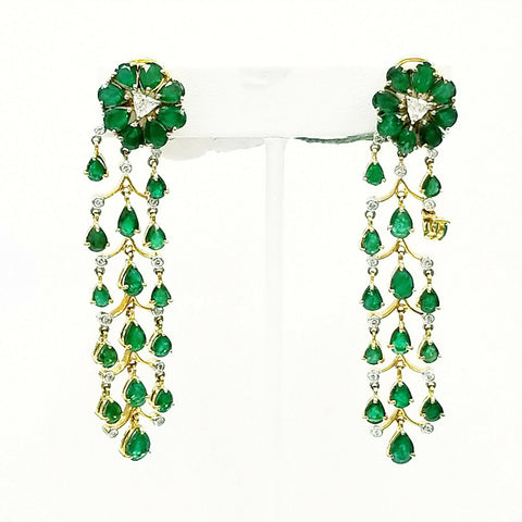 Drop Diamond Earrings Certified 14k Yellow Gold Natural Green Emerald Chandelier