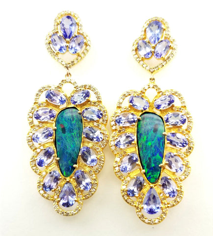 7.45 CTW Natural Diamond Opal and Tanzanite Earrings 22k Yellow Gold Certified