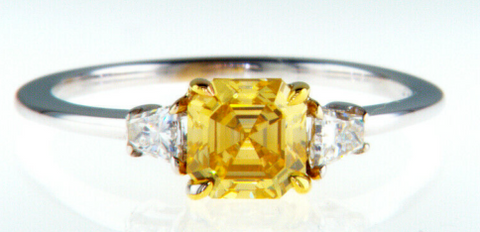 1CT Diamond Ring 18K Gold Fancy Intense Yellow Natural Asscher Cut GIA Certified