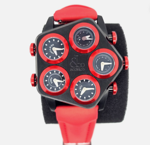 Rare Jacob & Co Grand Red Color Watch 5 Time Zone Original PVD Stainless Steel