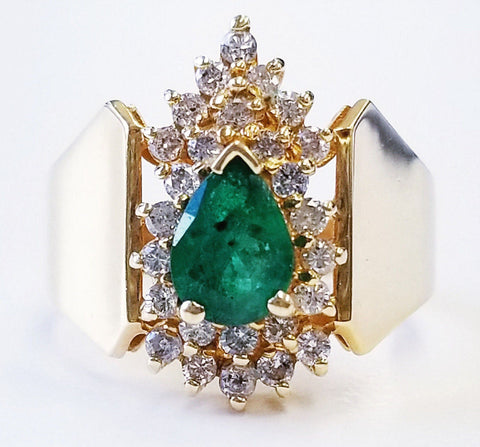 14K Yellow Gold Estate Diamond and Emerald Engagement Ring
