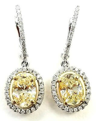 2 Carat Drop Earrings Natural Diamonds Canary Yellow Color 18K Gold Oval Cut