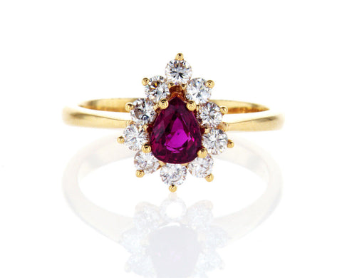 GAL Certified 18k Yellow Gold Pear Cut Red Ruby Diamond Engagement Ring 1.25 CTW