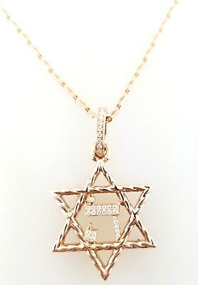 Star of David Hebrew Israeli Necklace Real Diamonds 18" Inch 14k Rose Gold
