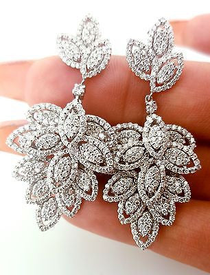 18k White Gold Natural Round Cut Drop Leaf Dangle Diamond Earrings 5 CT H SI2