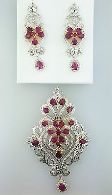 Pendant and Earring 14k Gold Natural Oval Red Ruby & Round Cut Diamond 4.16 CTW