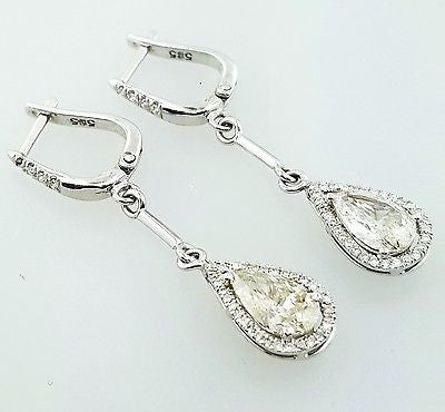 Diamond Earrings 14k White Gold Natural Pear Cut Drop Dangle 2.87 CT H color