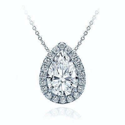 3/4 CTW Pear Cut Solid 14k White Gold Halo Pendant 18" Necklace VS2