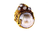 Vintage Estate 14K Gold Genuine Mother Pearl & Round Cut Diamond Ring 1 CTW