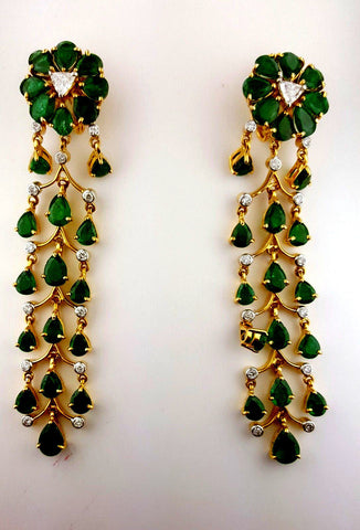Certified 14k Yellow Gold Natural Diamond and Emerald Chandelier Earrings