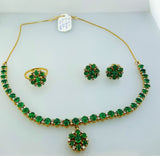 18k Yellow Gold Natural Diamond and Emerald Cabochon Necklace Jewelry Set