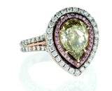 GIA Certified Rare Natural Fancy Green Pear Cut 18k Gold Diamond Ring 3.40 CTW