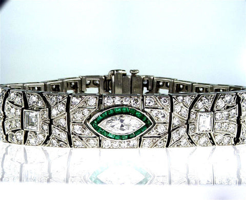 Rare Vintage Platinum Art Deco Diamond and Emerald Antique Bracelet 8.50 CT