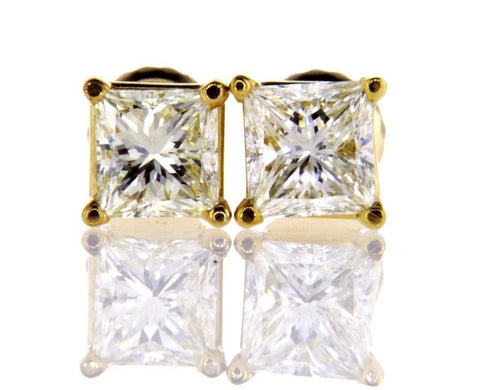 Certified 14k Yellow Gold Princess Cut Diamond Studs Earrings 1.46 CT H-I VVS
