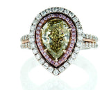 GIA Certified Rare Natural Fancy Green Pear Cut 18k Gold Diamond Ring 3.40 CTW