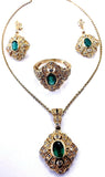 Women's Necklace Earrings Ring Set 14K Yellow Gold Natural Emerald Diamonds