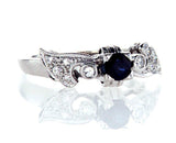 Diamond and Blue Sapphire Natural Round 14k White Gold Engagement Ring 0.60 CTW