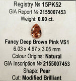 Fancy Pink Diamond 0.60CT VS1 Natural Loose Pear Cut GIA Certified Rare Color