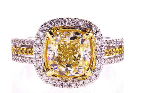 3.50 CT Natural Fancy Yellow Color Diamond Ring VS1 Cushion Cut GIA Certified
