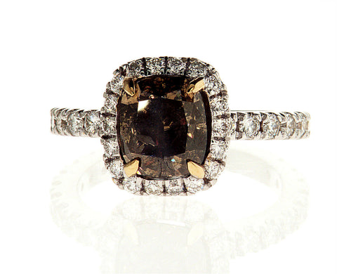 3CT Diamond Ring Natural Brown Color 18K White Gold GIA Certified Cushion Cut