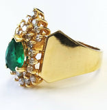 Estate Ring Natural Green Color Emerald Diamonds 14K Yellow Gold Pear Cut