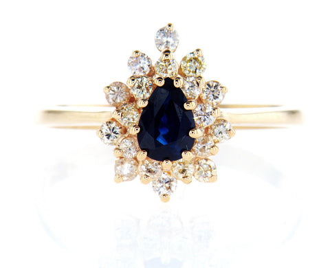 Certified 14k Yellow Gold Natural Pear Cut Blue Sapphire Diamond Ring 1 CTW