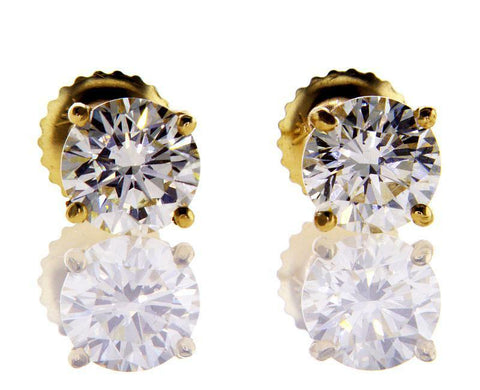 3 CT Studs Earrings 14k Yellow Gold Screw Back Round Cut Natural Diamonds