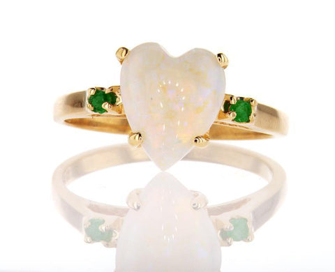 Opal Stone Heart and Emerald Engagement Ring 14K Yellow Gold Ring Retail $2,000