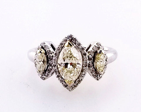 1CT Diamond Ring Fancy Yellow Color Marquise Cut 3 Stones 14K Gold Size 6