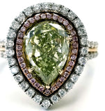 Rare Natural Fancy Green Pear Cut 18k Gold Diamond Ring GIA Certified 3.40 CTW