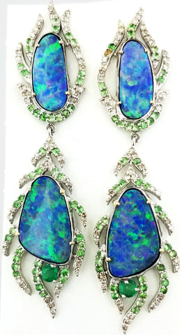 Diamond, Emerald, Peridot and Opal Drop Earrings 22k Gold Certified 8.35 Carats