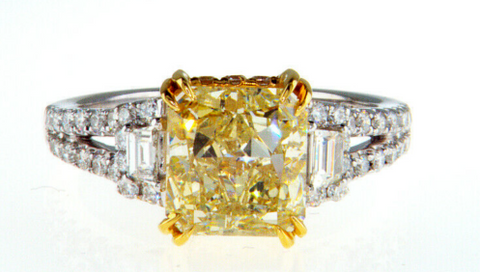 3CT Diamond Ring 18KT White Gold Natural Fancy Yellow Radiant Cut GIA Certified