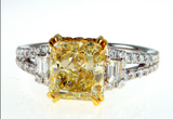 3CT Diamond Ring 18KT White Gold Natural Fancy Yellow Radiant Cut GIA Certified