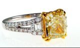 3CT Diamond Ring 18KT White Gold Natural Fancy Yellow Radiant Cut GIA Certified