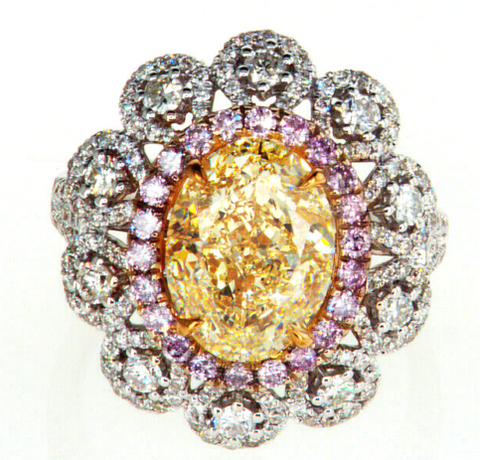5CT Diamond Ring 18K White Gold Natural Yellow Oval Cut GIA Certified Fancy Pink