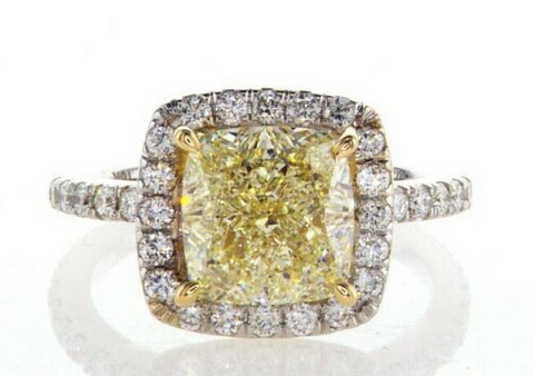 5CT Diamond Ring 18K White Gold Natural Fancy Yellow Cushion Cut GIA Certified