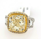 10CT Diamond Ring 18K White Gold Natural Fancy Cushion Cut Yellow GIA Certified