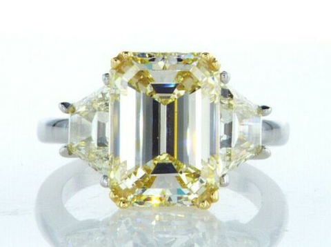 6CT Platinum Diamond Ring Fancy Emerald Cut Natural Yellow Color GIA Certified Size 6'